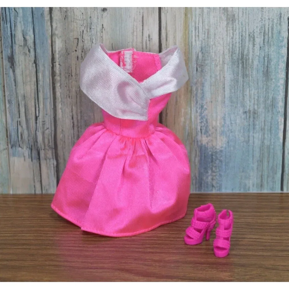 Barbie Doll Clothes Hot Pink Princess Dress Gown White Collar & Heels Shoes